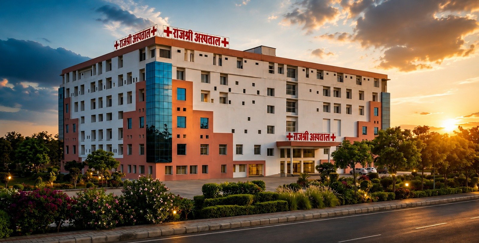 Rajshree Hospital, Bareilly — 1,050-bed multi super specialty teaching hospital at dusk